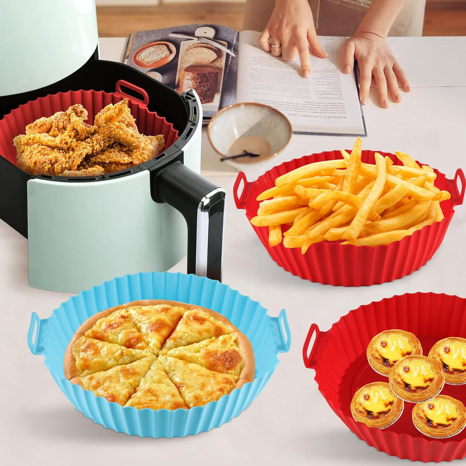 Silicone Air Fryer Liners Reusable,2 Silicone Air Fryer Liners round Airfryer Liners,6 Muffin Cup,1Cooking Tongs,1Oil Brush,2Oven Gloves,1Spatula(Bb13Pack) image number 2
