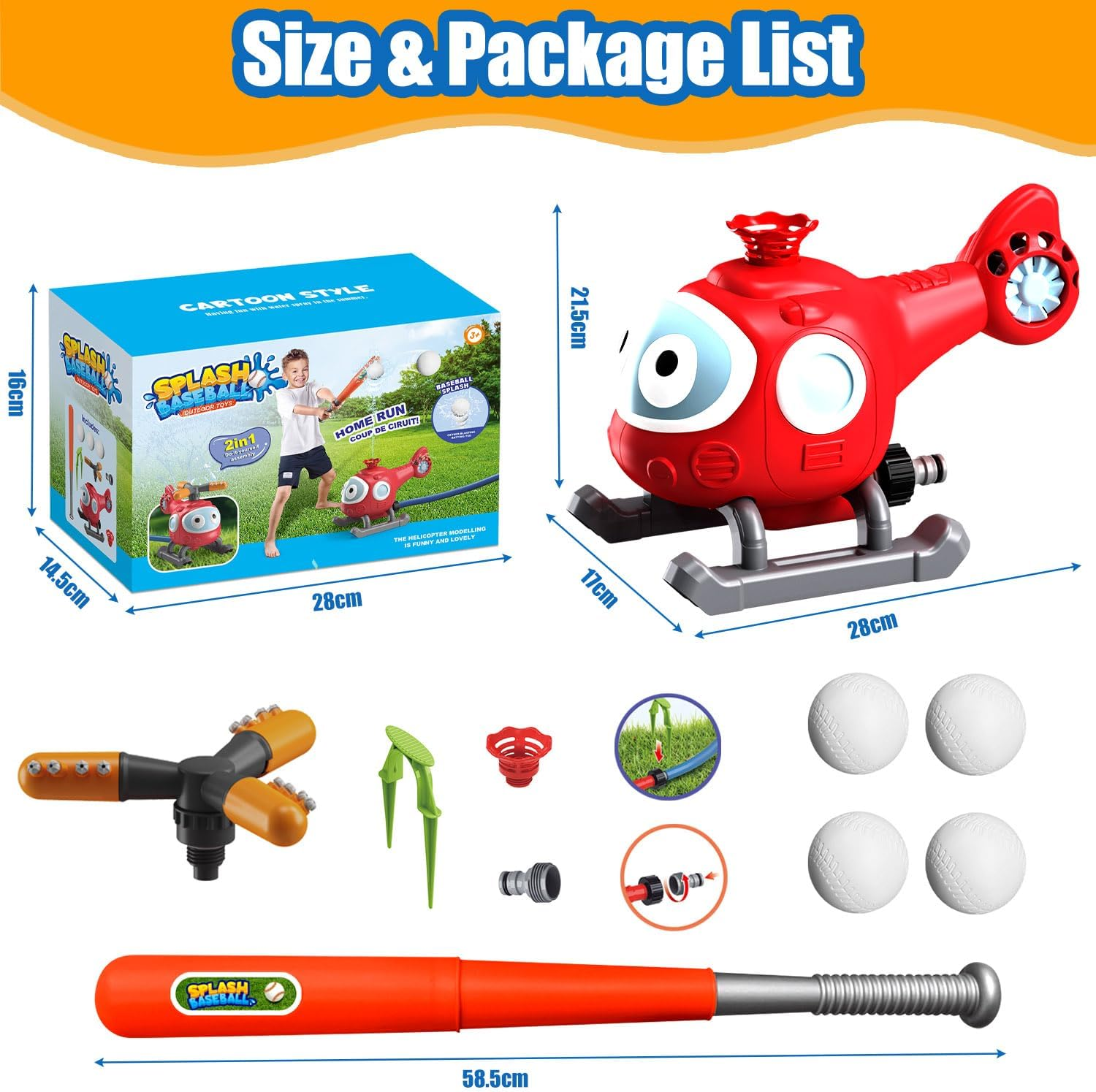 Water Sprinkler Baseball Toy for Kids Outdoor Play, 2 in 1 Snail Summer Water Game with 2 Sprinkler Heads, 360&deg; Roating Spray Water Baseball (Airplane)