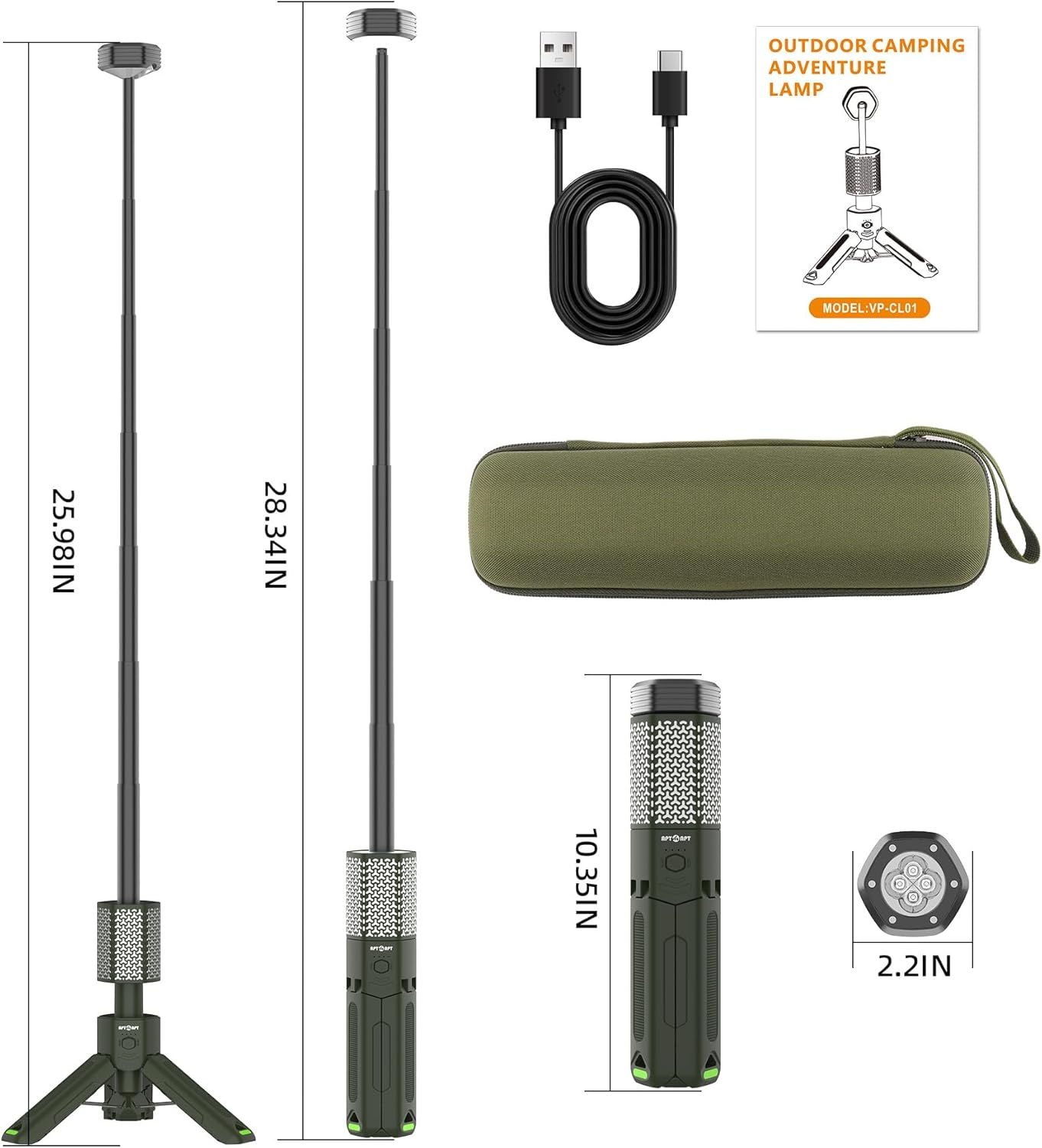 Telescopic Camping Light, Portable Collapsible Magnetic Camp Lantern Rechargeable,10500Mah Telescoping IP67 Waterproof Flashlights, Outdoor Gear for Emergency, Camping, Hiking (Army Green)