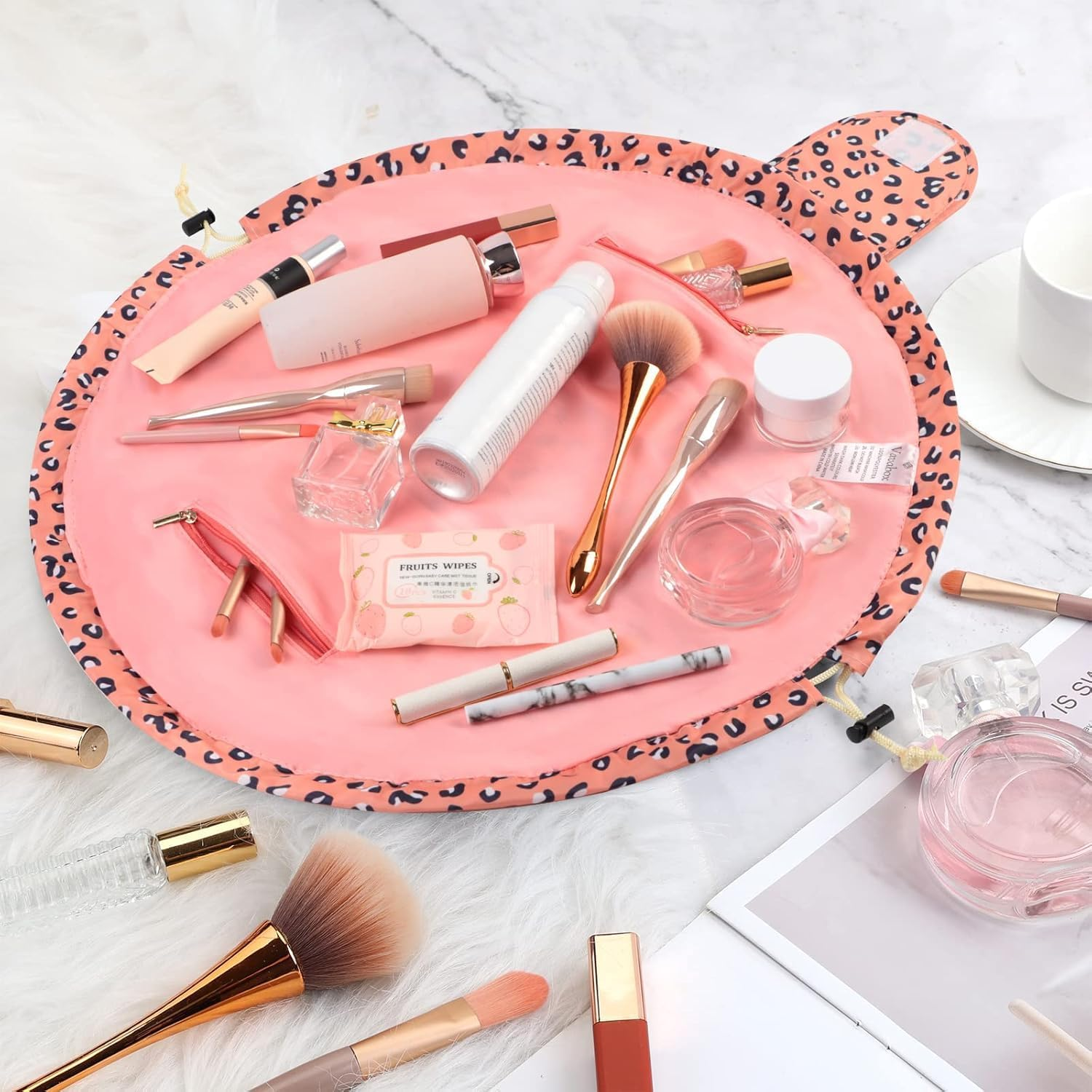 Lazy Drawstring Makeup Bags, Large Capacity Waterproof Travel Portable Cosmetic Bag Pouch Makeup Pouch Storage Organiser for Women Girl, Pink Leopard, 57 Cm, Drawstring Makeup Bag