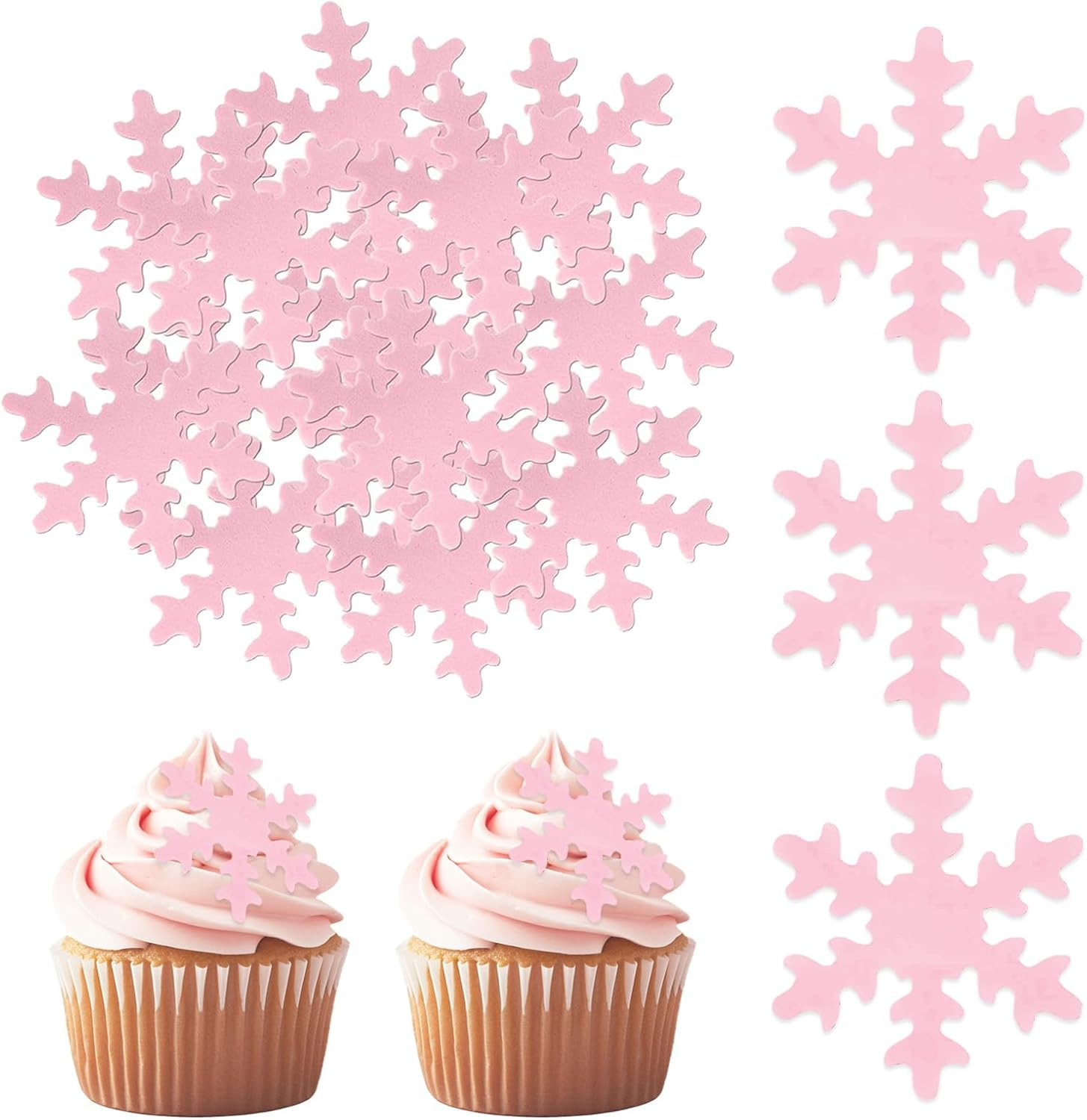 50Pcs Snowflake Cake Cupcake Topper, Edible Winter Frozen Snowflake Cake Decorations Edible Wafer Paper for Birthday Party Decor Supplies (Pink)