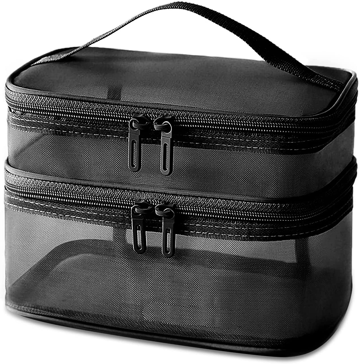 Double Layer Makeup Bag, Large Mesh Travel Cosmetic Pouch with Double Zipper, Vertical Make up Bag, Multifunctional Toiletry Bag for Makeup Brushes (Black) image number 4