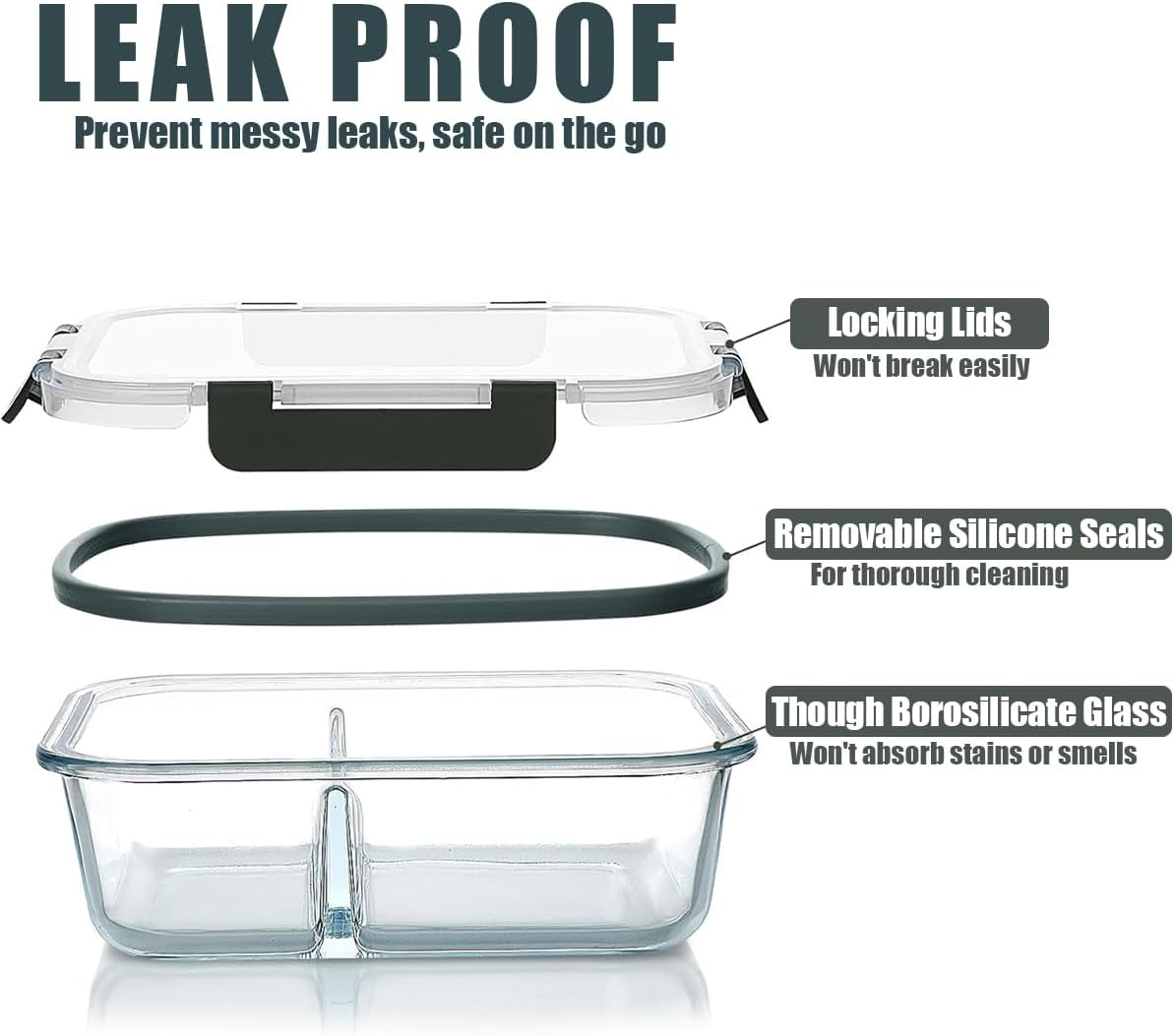 Glass Food Storage Containers,Glass Containers 10 Pack Pieces with Partitions(10 Containers & 10 Lids),Sealed Glass Meal Prep Containers 640 Ml,For Refrigerator, Microwave, Dishwasher image number 2