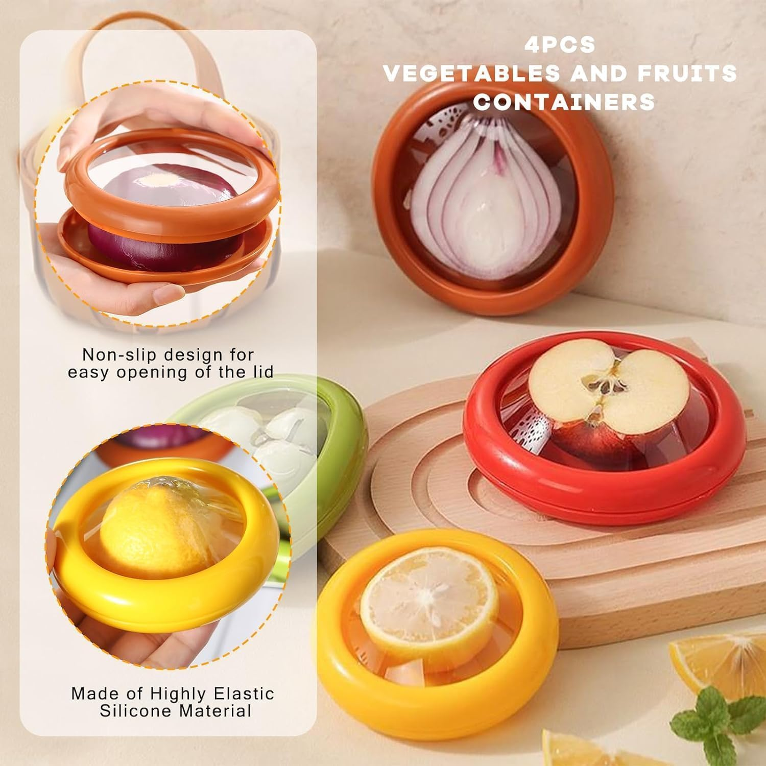 4 Pcs Vegetable and Fruit Storage Containers for Fridge, Refrigerator Vegetable Crisper Makes Food Stays Fresh Longer, BPA Free & Reusable, Ideal Avocado Lemon Tomato and Onion Keeper/Saver/Holder