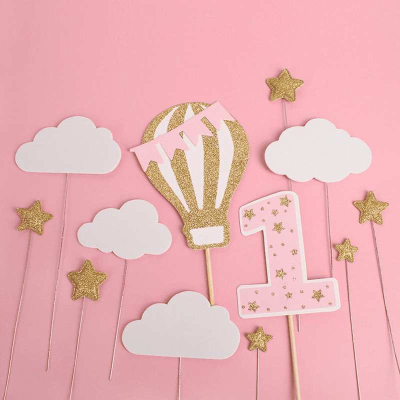 12 Pack Hot Air Balloon Cake Topper with White Cloud Little Stars for Boys First Birthday Party Decorations (Pink) image number 4