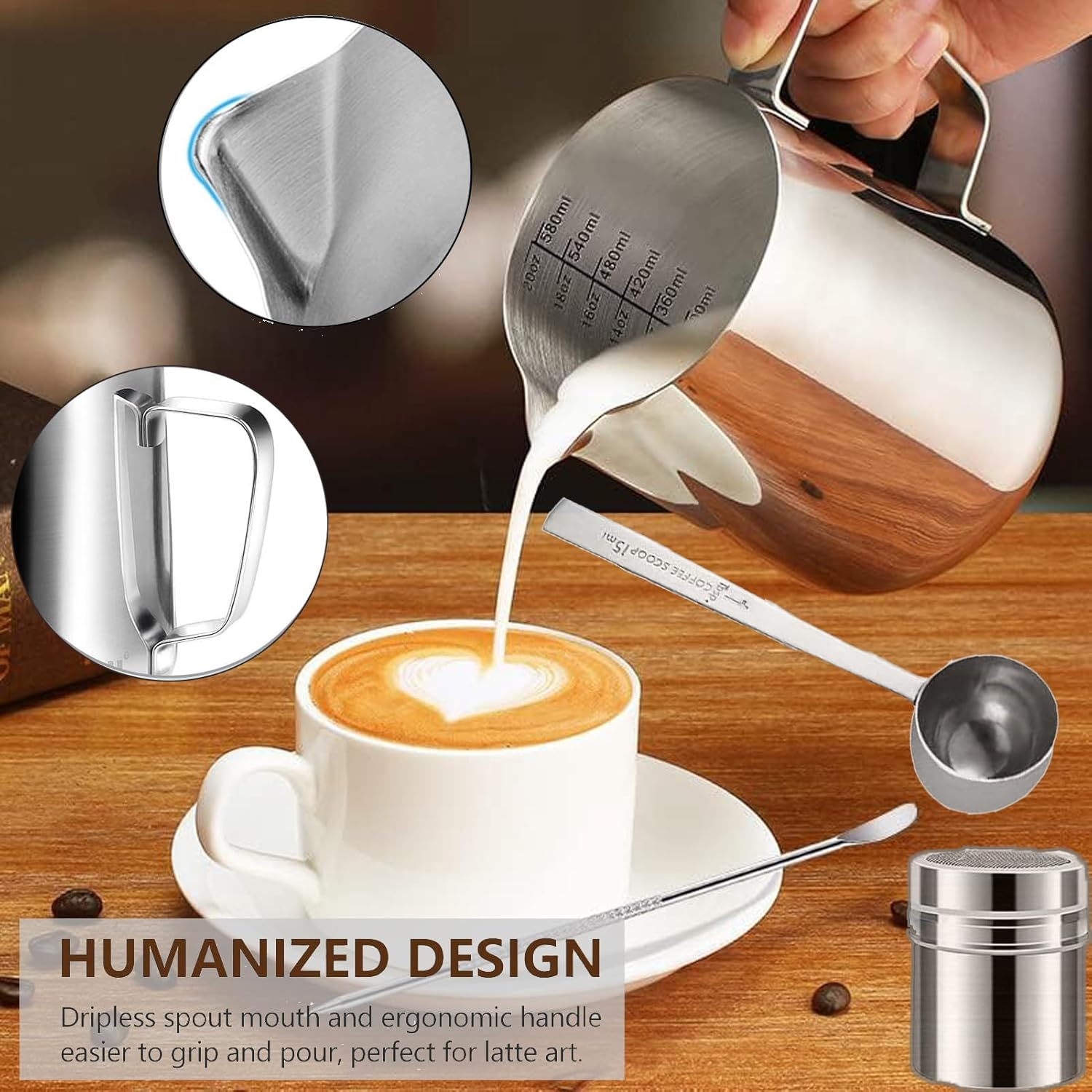 Milk Frothing Pitcher,20Oz/600Ml Milk Frother Cup Set,Stainless Steel Espresso Milk Steaming Pitcher,Stainless Steel Powder Shaker with Lid,16Pieces Coffee Decorating Stencils,Decorating Art Pen