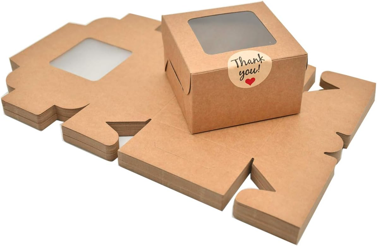 50 Pack Brown Bakery Boxes, 4X4X2.5 Inches Small Pastry Treat Boxes with Window, Gift Packaging for Cookies, Pastries, Mini Cakes, Donut, Pie Slice, Stickers Included