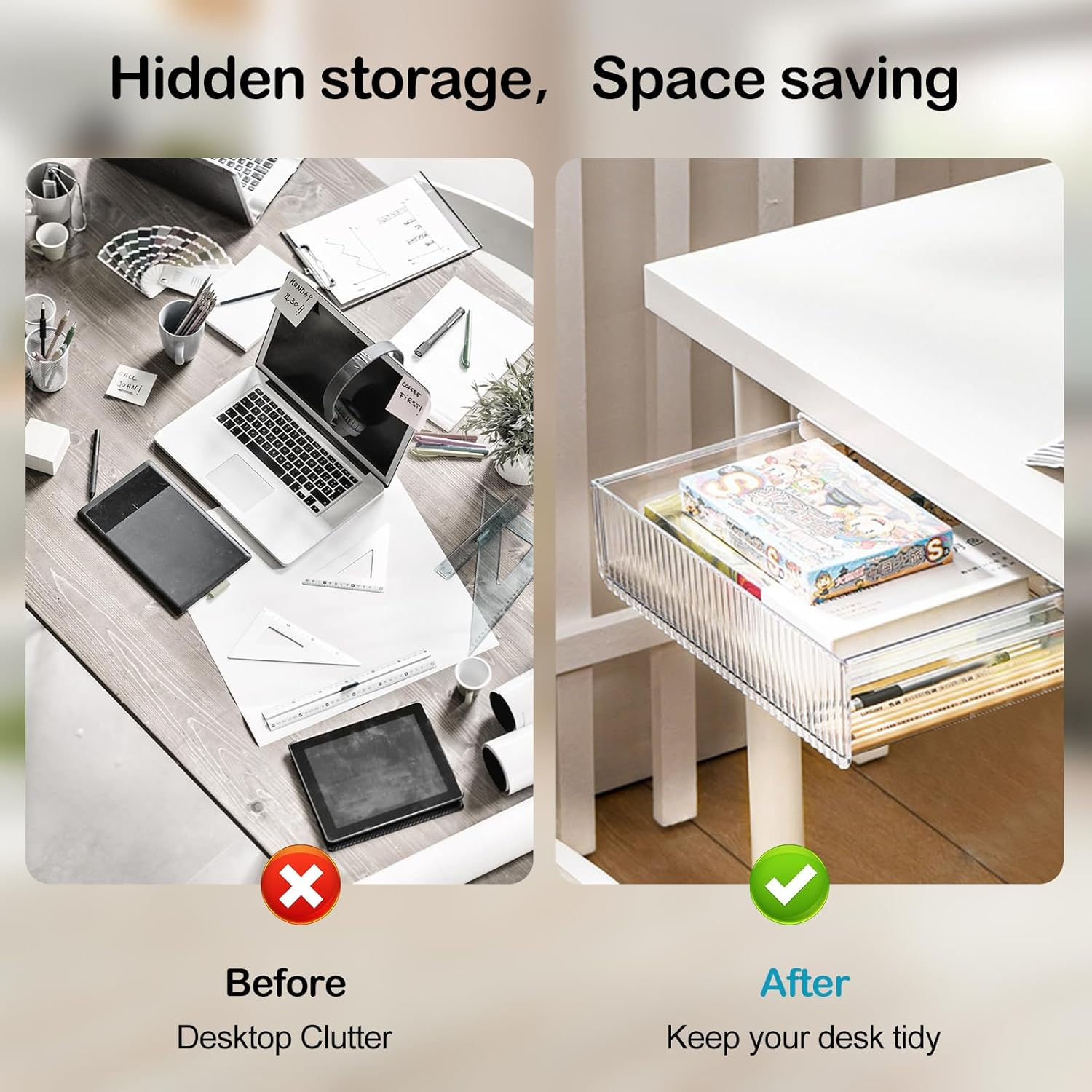 1 Pack under Desk Drawer with 3 Self-Adhesive 3M Nano Tape for Hidden Desktop Storage Organizer image number 1