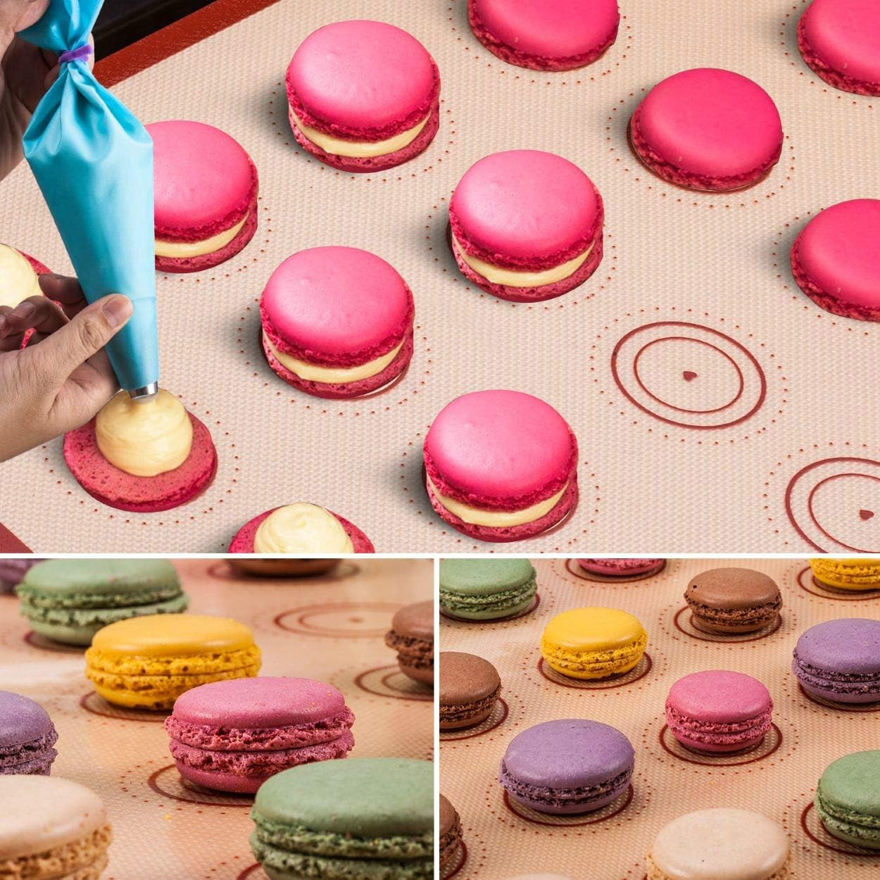 Silicone Baking Mat Macaron Mat Kit(14Pcs Set) Macaroon Baking Mat Set of 2 Half Sheet Macaron Silicone Mat Nonstick Macaron Mat Sheet,6 Piping Tip,2 Piping Bag with 2 Bag Half Quarter Sheet Brown+Purple - Brown+Blue image number 3