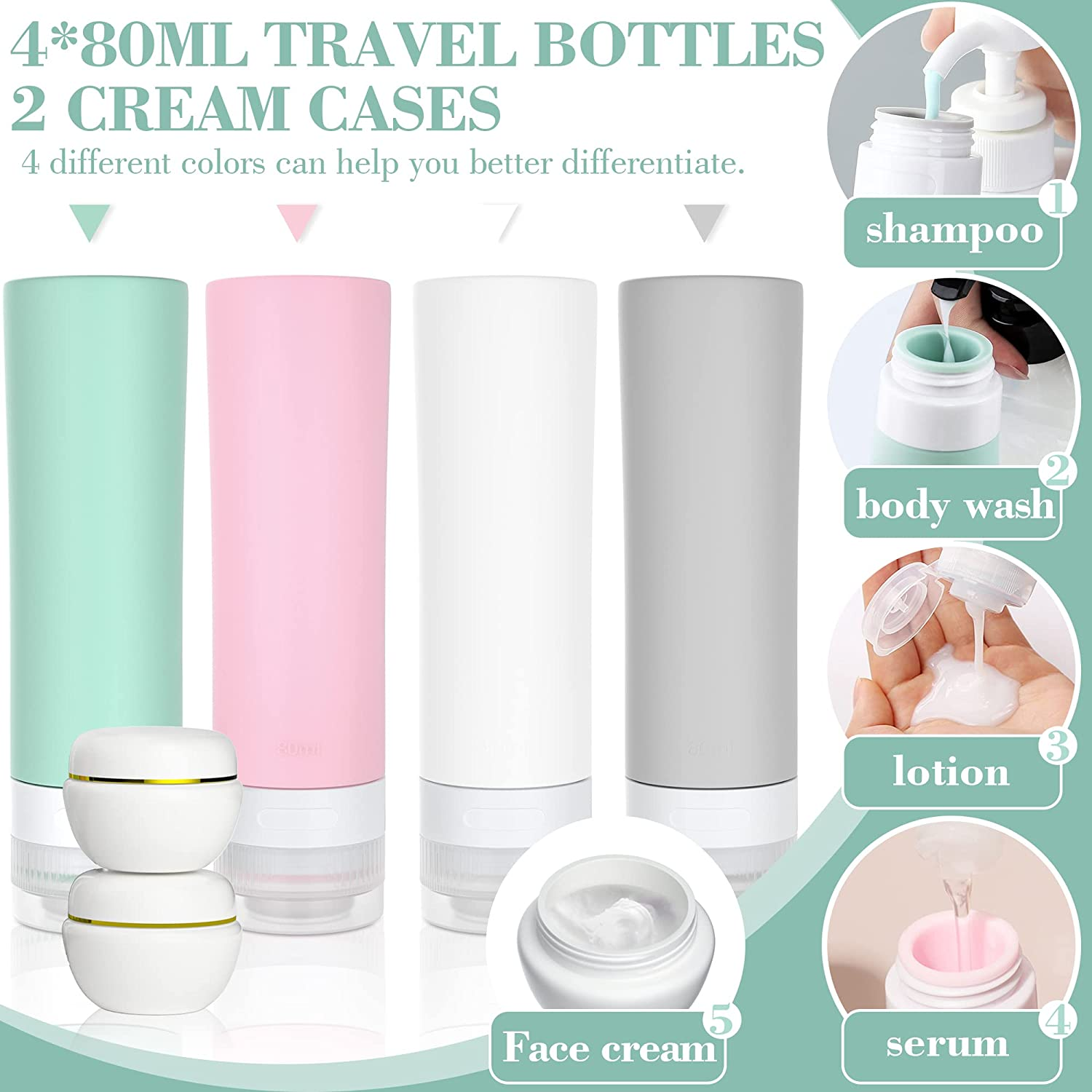 6-Piece Toiletries Set, Four 80ML Leak-Proof Silicone Squeezable Travel Bottles and Two 20ML Cream Boxes for Shampoo Conditioner Lotion Body Wash and Cream Cream&hellip; image number 1