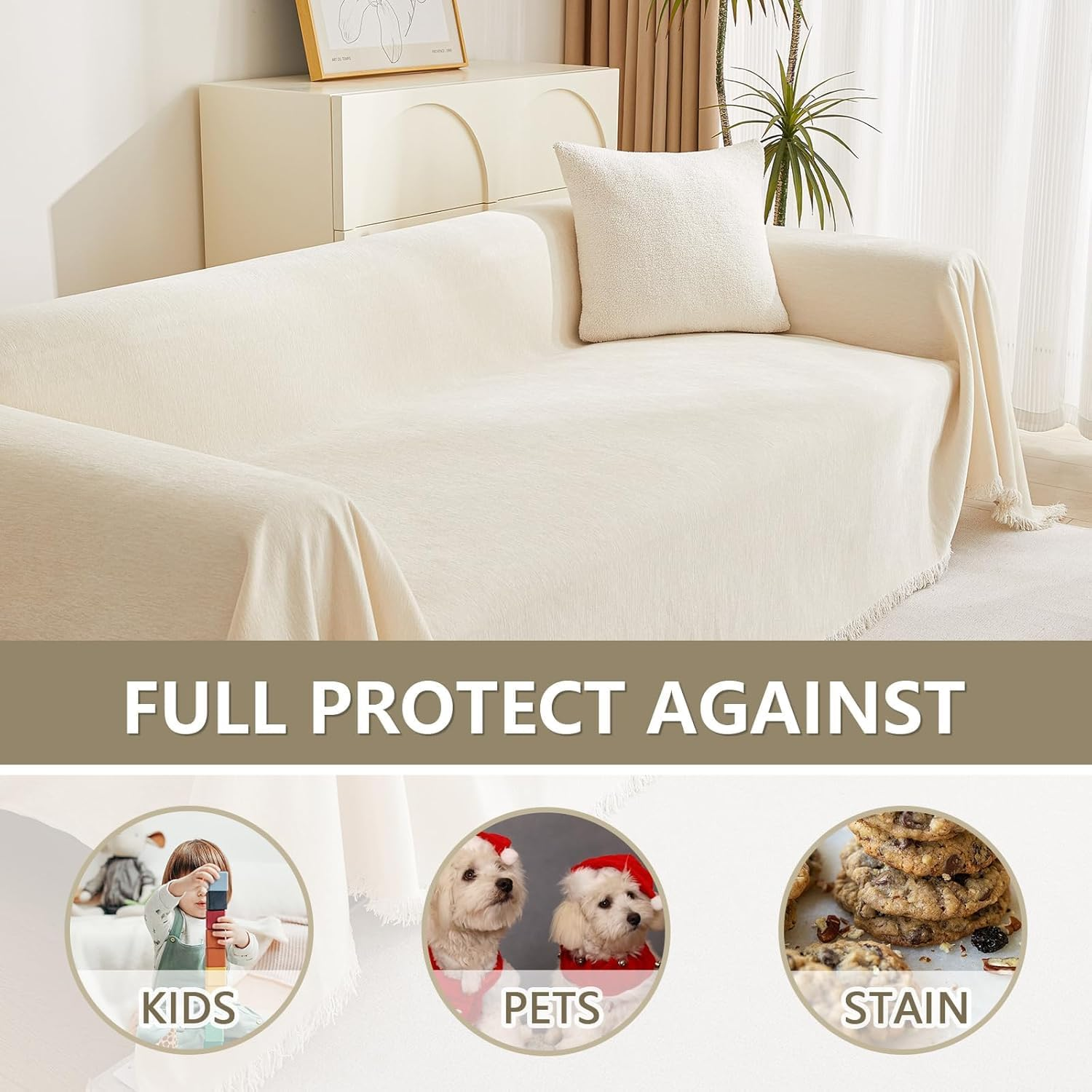Couch Cover for Pets, Couch Covers for 2 Cushion Couch Sofa Sectional L Shape Chenille Sofa Cushion Covers for Pets, Throw Couch for Dogs, Kids (Beige, 180 X 300Cm) image number 7