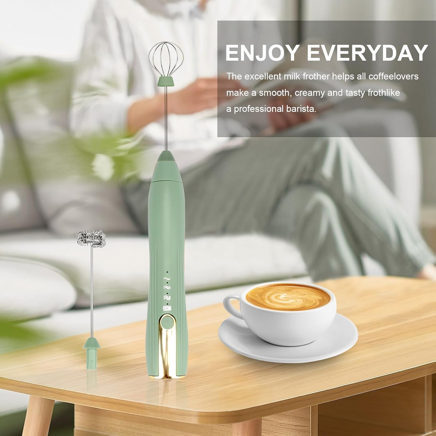 Powerful Handheld Milk Frother, Rechargeable Milk Frother Handheld Foam Maker with Stainless Whisk for Cappuccino, Latte, Bulletproof Coffee, Keto Diet, Protein Powder, Matcha image number 1