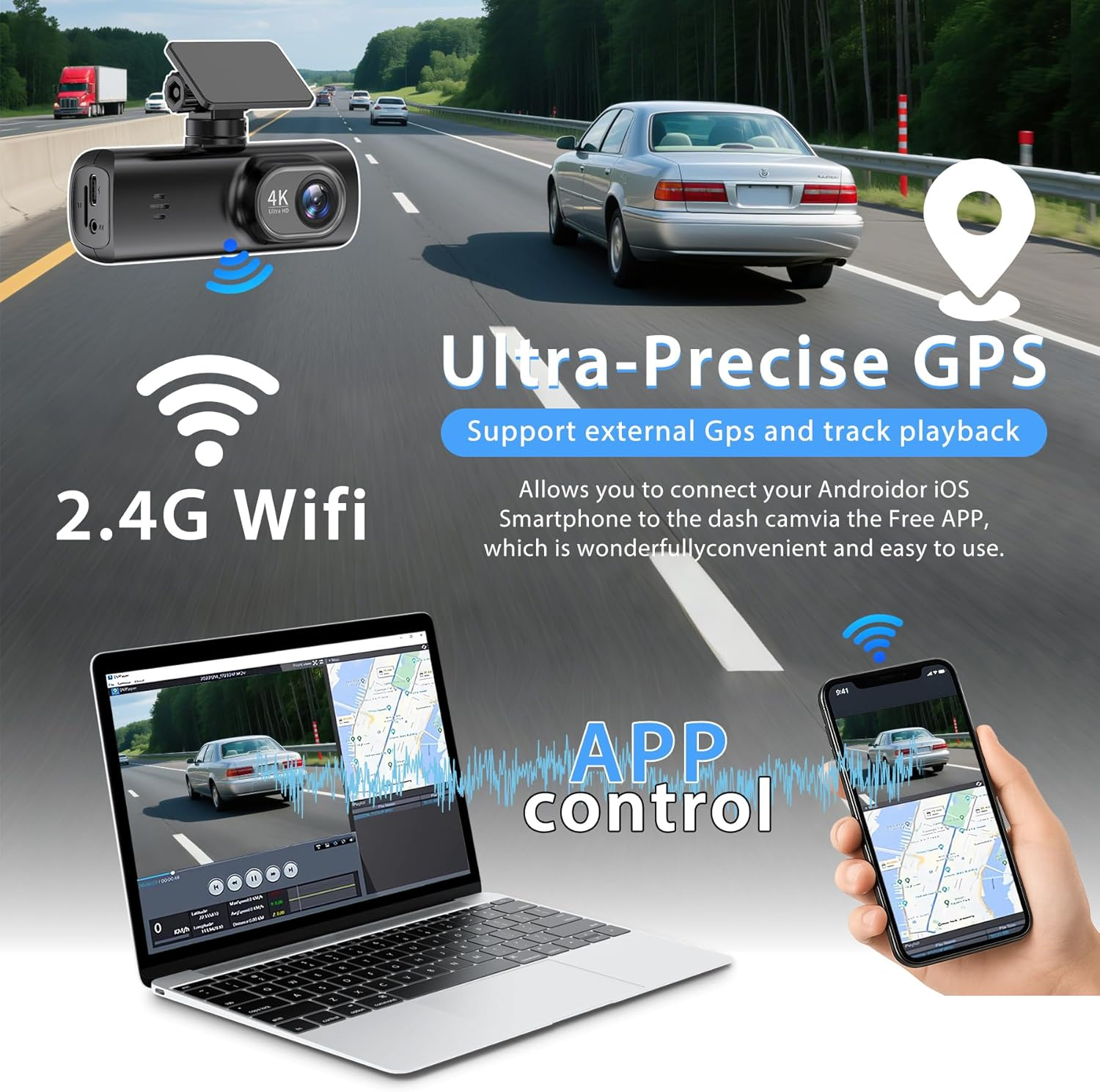 Dash Cam Front and Rear, 32GB Card Included, Front 4K and 2.5K Rear 1080P Dual Dash Camera, Built-In Wifi GPS, Loop Recording, Night Vision, 170&deg; Wide Angle, Parking Mode, Smart App Control image number 1