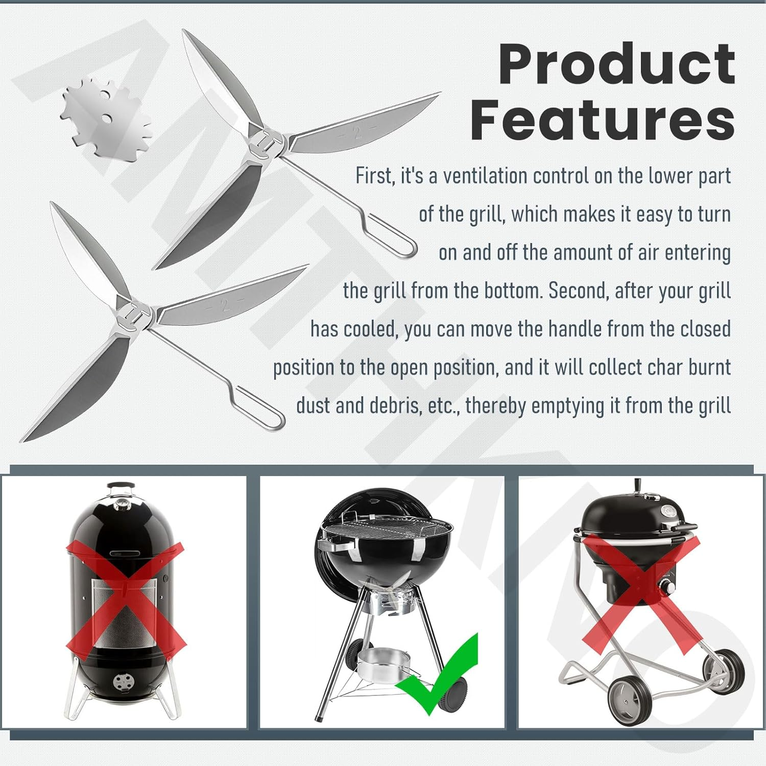 22-1/2-Inch One-Touch Cleaning System Kit, Compatible with Weber Grill Parts, 7444 Weber Kettle Grills - for Grill Bottom, Grill Damper Air Amount Control and Kettle Ash Clean-Out, Silver. (2) image number 6