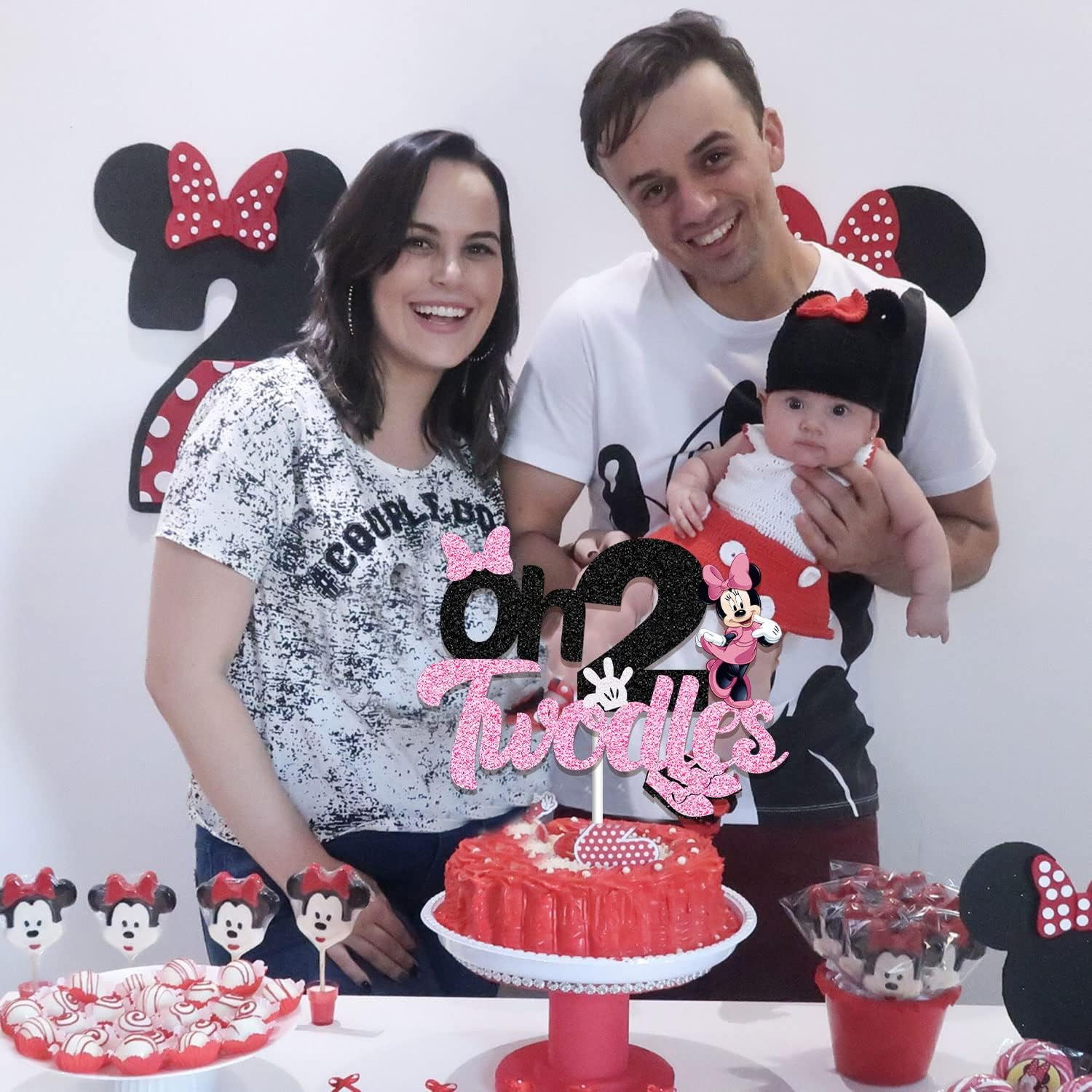 Oh Twodles Cake Topper for Girls, Black Glitter Mouse Second 2Nd Birthday Cake Topper with Pink Bows and White Gloves Girls Birthday Party Decorations Supplies(Double-Sided)