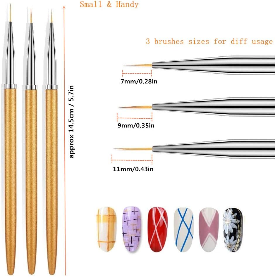 6PCS Nail Art Liner Brushes, Nail Art Brushes Set Acrylic UV Gel Glitter Drawing Painting Brushes Nylon Hair Carving Flower Pens Nails Tools (Golden Color, 7/9/11Mm, 6/8/10Mm) image number 3
