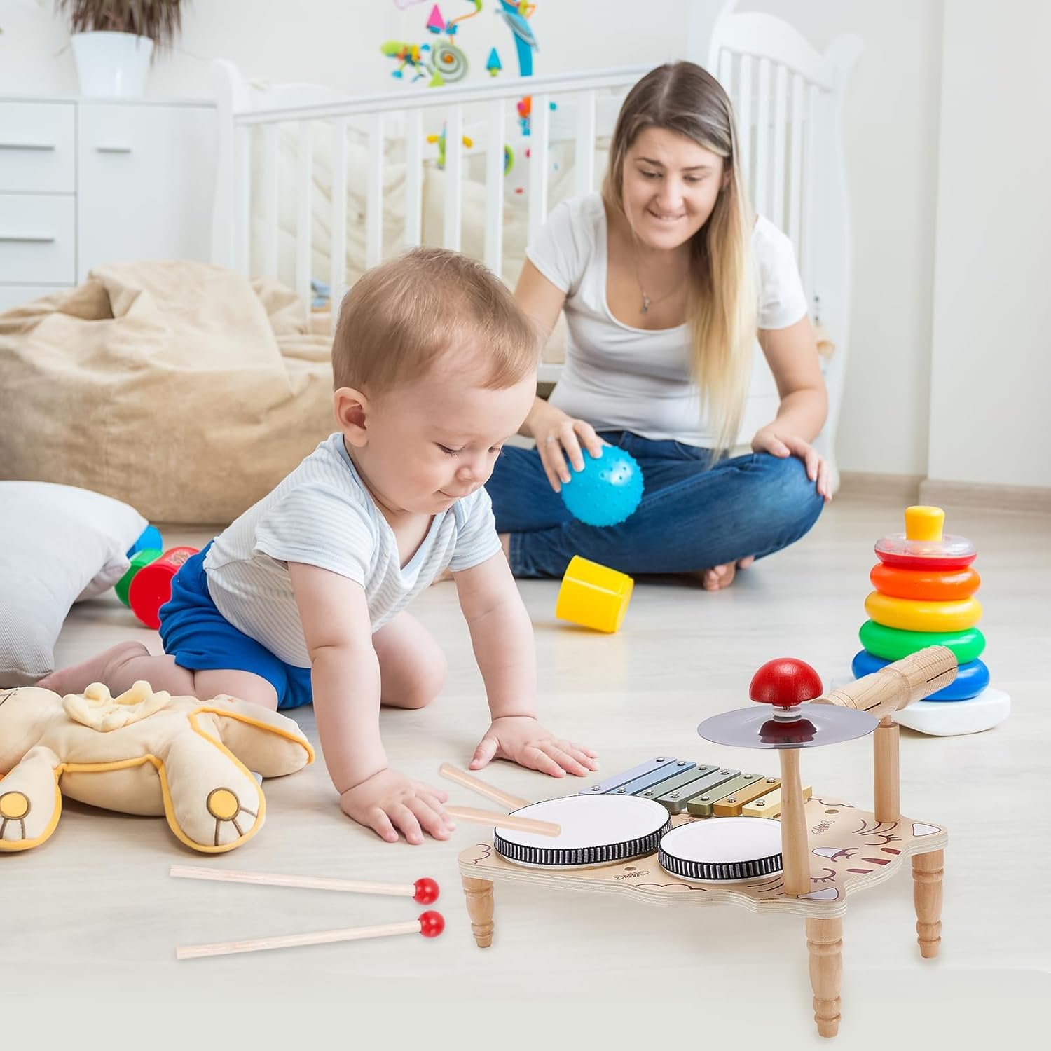 Wooden Drum Set for Toddlers, Baby Musical Instrument Set Kids Toys, Natural Wooden Montessori Toys Xylophone Music Kit Baby Sensory Toys Months Birthday Gifts for Girls Boys image number 1