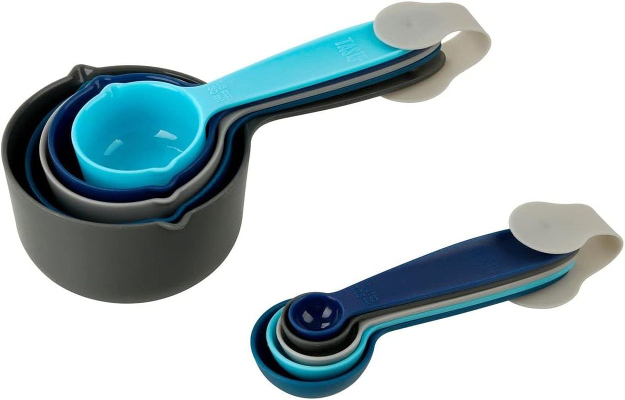 Tasty 5-Piece Measuring Cups Set for Baking, Nesting Plastic Cups, Light Blue, Blue, Grey - 1/8, 1/4, 1/3, 1/2, 1 Cup