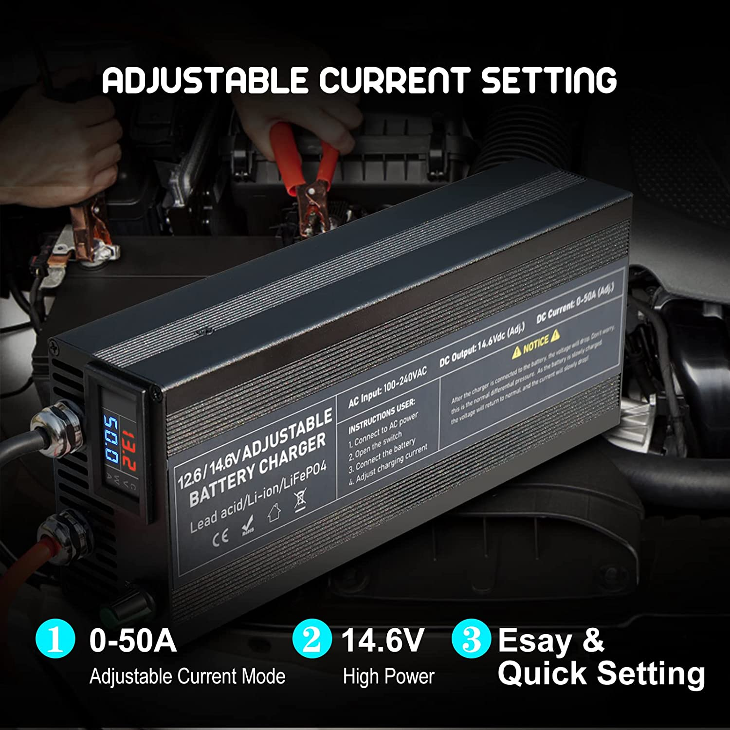 Battery Charger 14.6V 50A Lifepo4 Battery Charger Smart Maintainer Adjustable Current Portable Power Adapter for 14.6V Lifepo4 Lithium Iron Rechargeable Battery (50A)