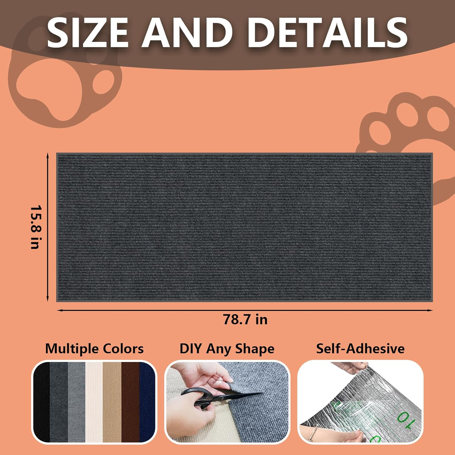 Cat Scratch Furniture Protector, 78.7"X15.8" Large Self-Adhesive Mat, Trimmable Scratch-Resistant Carpet for Sofa, Wall, Cat Tree & Door Protection, Durable Indoor Cat Scratcher (Dark Gray) image number 3
