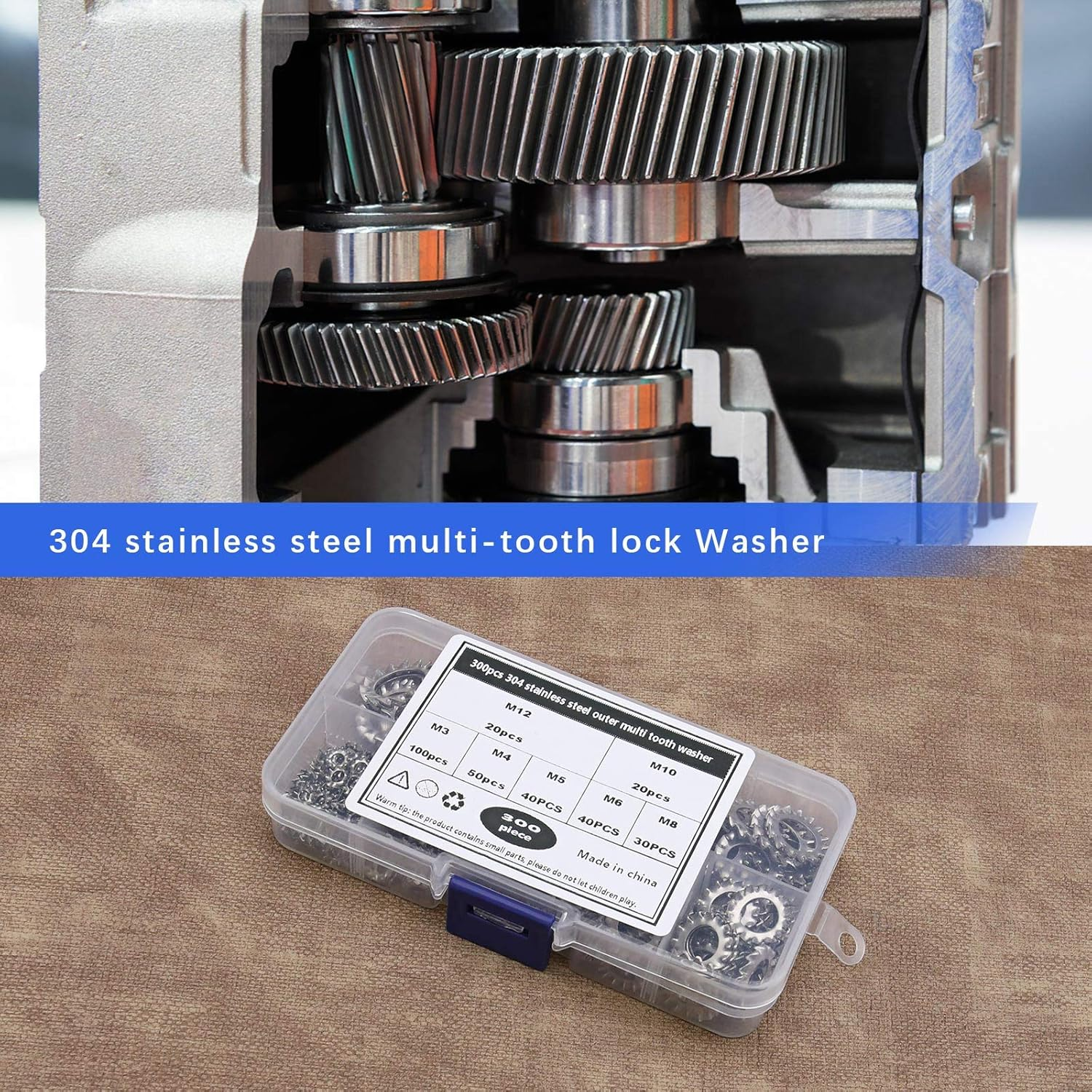 Emsea 300Pcs M3-M12 External Serrated Lock Washers Assortment Set with Storage Box M3 M4 M5 M6 M8 M10 M12 304 Stainless Steel image number 1