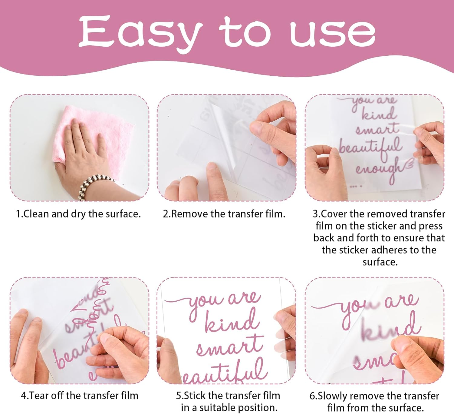 Bathroom Mirror Affirmation Wall Decor, You Are Kind Smart Beautiful Enough Vinyl Stickers, Mirror Wall Sticker for Bathroom Bedroom, Affirmations Decals for Girls Teens (Pink) image number 5