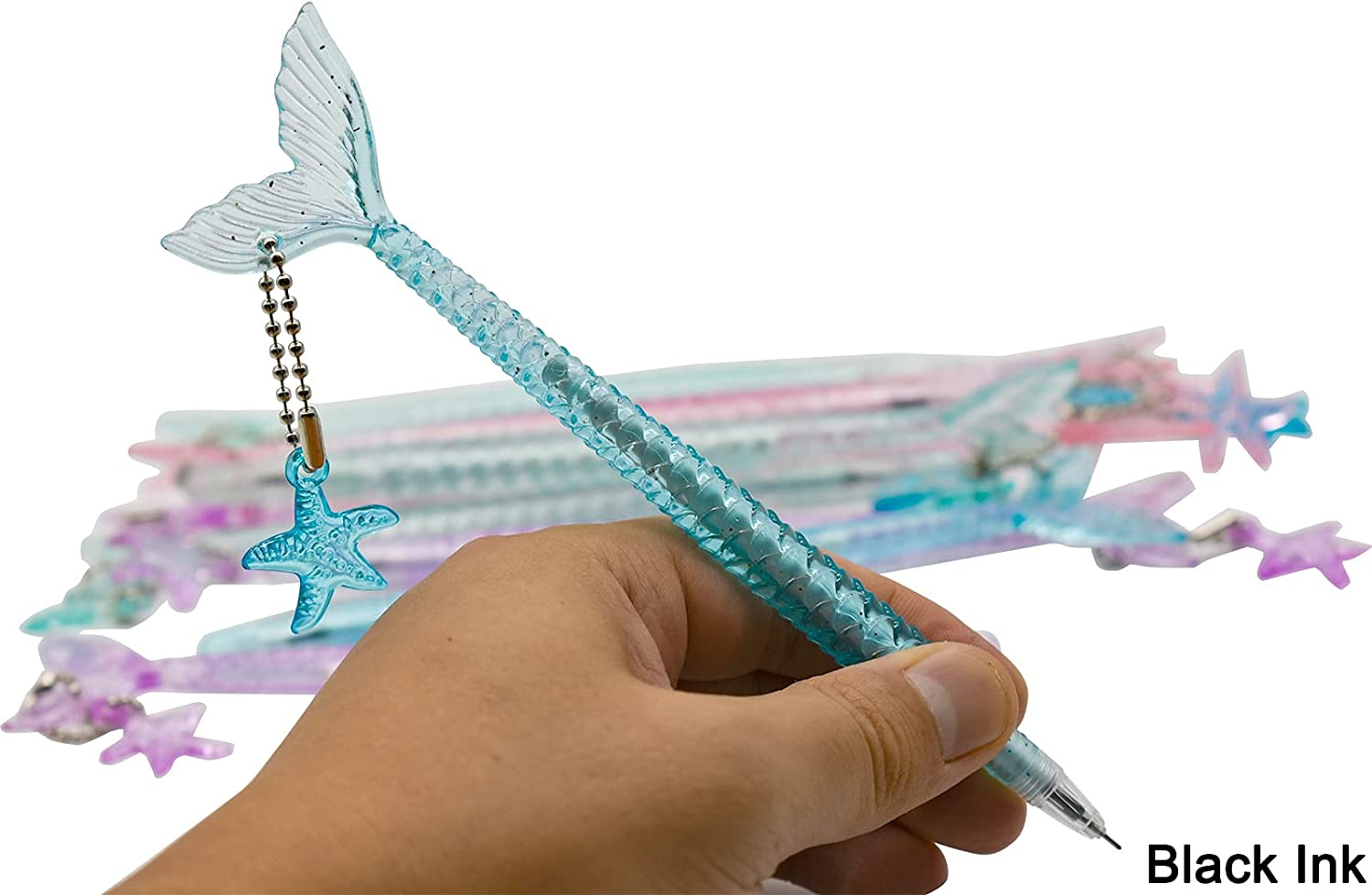Maydahui 12PCS Cute Mermaid Shape Rollerball Pen Fish Pens Creative Crystal Flash Powder Starfish Pendant Signature Pen Black Gel Ink Design for School Student image number 2