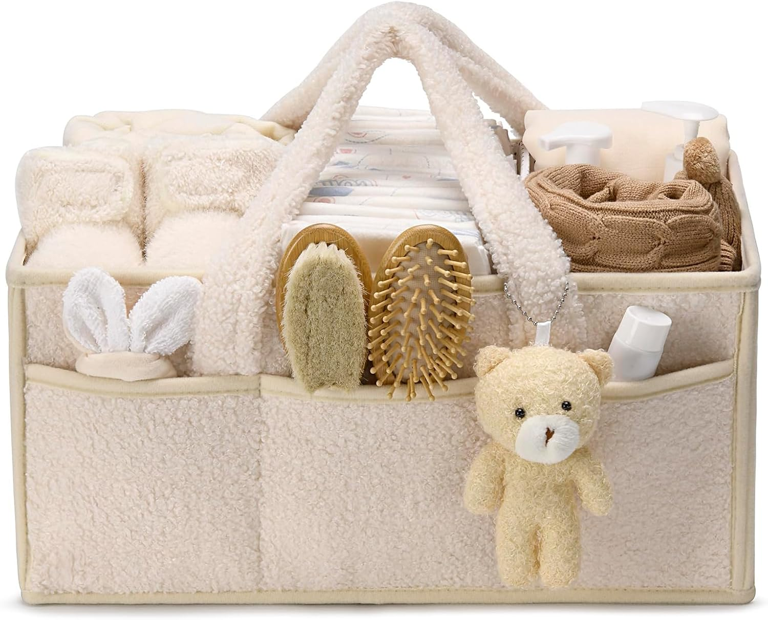 Baby Diaper Caddy Organizer with Handle - Portable Sherpa Nursery Basket - Car Diaper Organizer, Cleaning Caddy, Baby Shower - Ivory image number 4