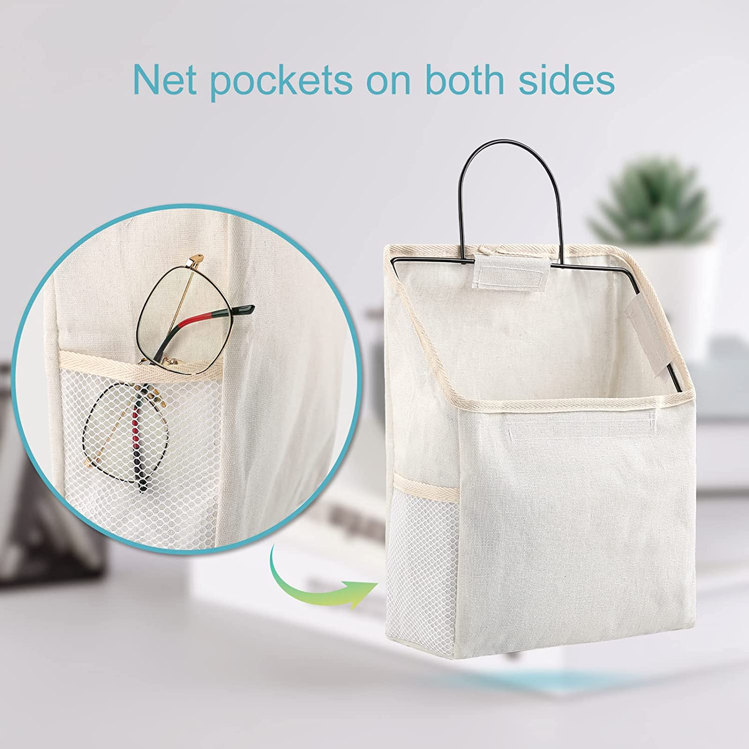 Surblue Wall Hanging Storage Bag with Sticky Hook, Closet Hanging Storage for Pocket, Bathroom Dormitory Organizer Bag, Linen Cotton Organizer Box Containers for Bedroom(White) image number 5
