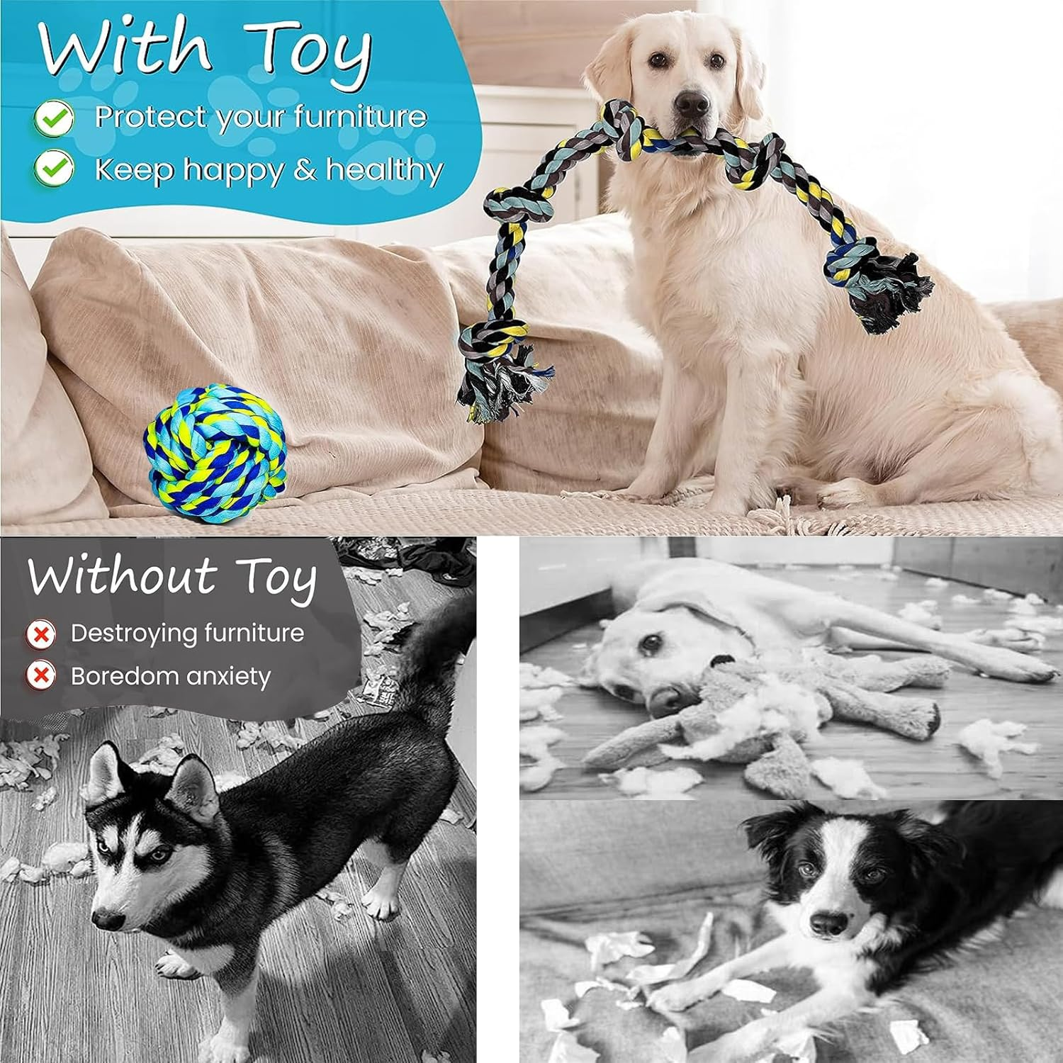 Dog Rope Toys,Dog Toys for Aggressive Chewers, 5Pcs Indestructible Dog Chew Toys for Medium to Large,Cotton Rope Heavy Duty Dog Teething Chew Toy,Tug of War Indoor Outdoor Interactive Dog Toys image number 1