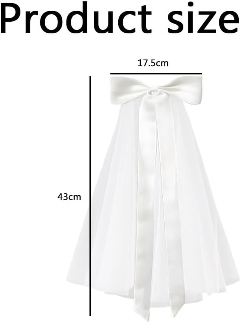 WADY Bridal Wedding Veil Hair Bows White Lace Ribbon Hair Clip Long Tail,Wedding Bow Veil White Pearl Hair Clip Tulle Bridal Hair Bow with Clip Bachelorette Party Accessories for Women and Girls image number 1