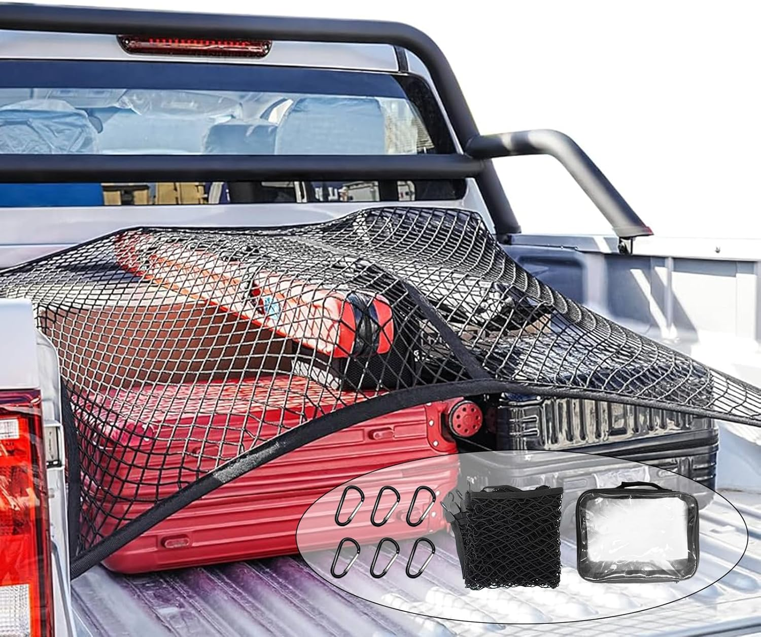 Cargo Net for Pickup Truck Bed Highly Elastic Cargo Storage Mesh Organizer with 4 Plastic Hooks and 6 Metal Carabiners, 4'X4' Stretches to 8'X 8&rsquo; | Single Layer image number 5