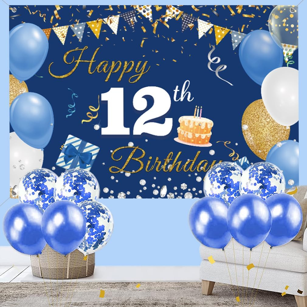 12Th Birthday Decorations Backdrop Banner for Boys/Girls Happy 12 Years Old Fabric Sign Poster, Blue Photography Background 12Th Birthday Party Supplies, 59"X35.4" image number 1