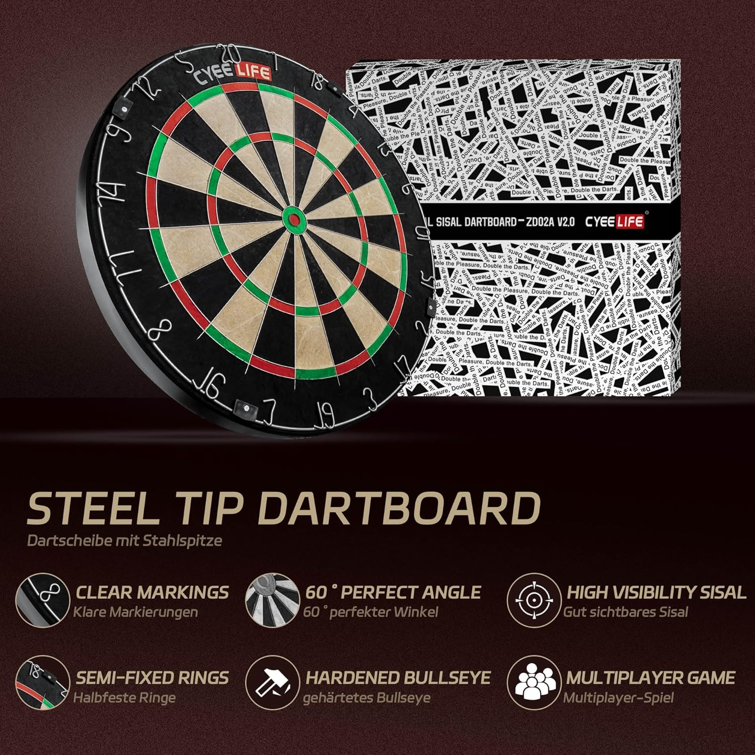 Cyeelife Wire Sisal Bristle Dartboard,Professional Steel Tip Dartboard Set with 6Pcs Metal Tip Darts and Accessories image number 6