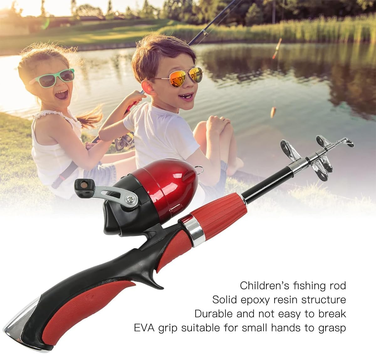 AIMALL Mini Children Sea Rod Set - Portable Retractable Road Rod Fishing Gear, Full Kit, 21.7&rdquo; Total Length, Red and Black image number 3