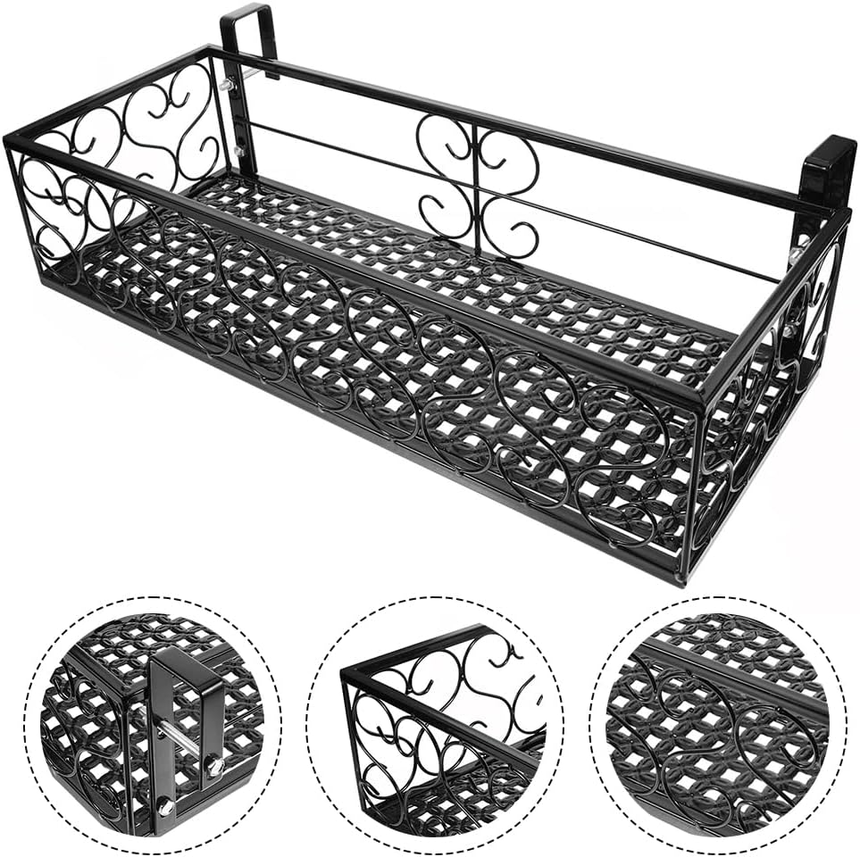 Plant Stand, Metal Hanging Basket, Portable Fence Planter Tray, Small Flower Pot Holder, Flowerpot Holder with Hooks, Storage Rack for Indoor Outdoor Use (Black, 30 * 20 * 11.5 CM) ﻿