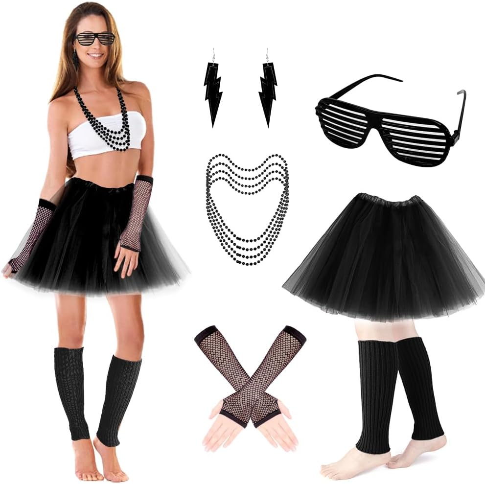 AUTOWT 80S Costumes for Women, 6 Packs 80S Accessories Set with Fishnet Gloves Earrings Necklaces Leg Warmers, Tutu Skirts for 1980S Theme Party Outfits