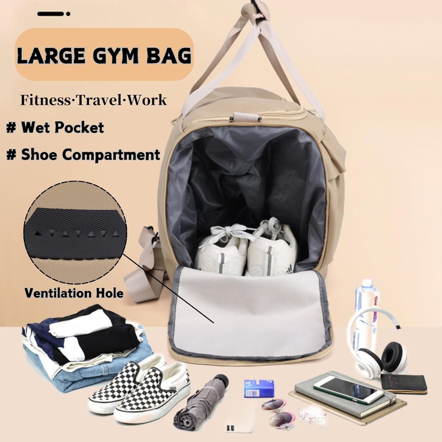 Gym Bag for Men Women, Large Sports Travel Duffle Bag with Wet Pocket & Shoe Compartment, 50L Waterproof Lightweight Carry on Overnight Weekender Bag