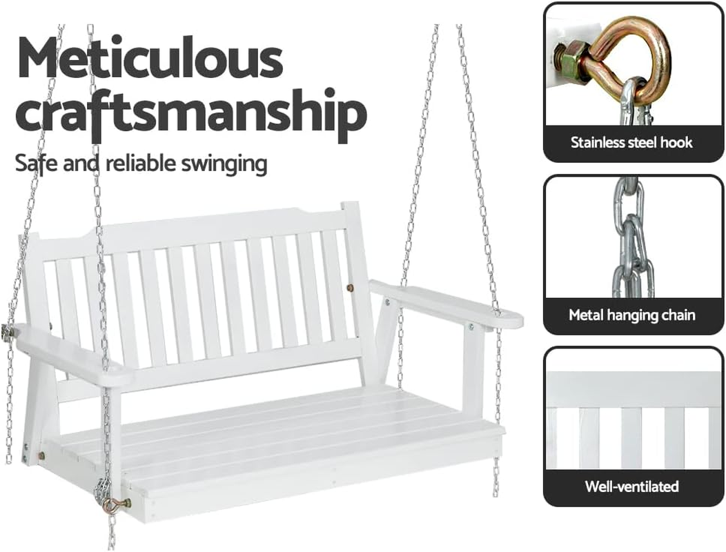 Gardeon Outdoor Porch Swing Chair Wooden 2 Seater White Garden Bench Hanging Seat, Patio Baconly Furniture Chairs, with Metal Chains Water Resistant 300Kg Capacity image number 1