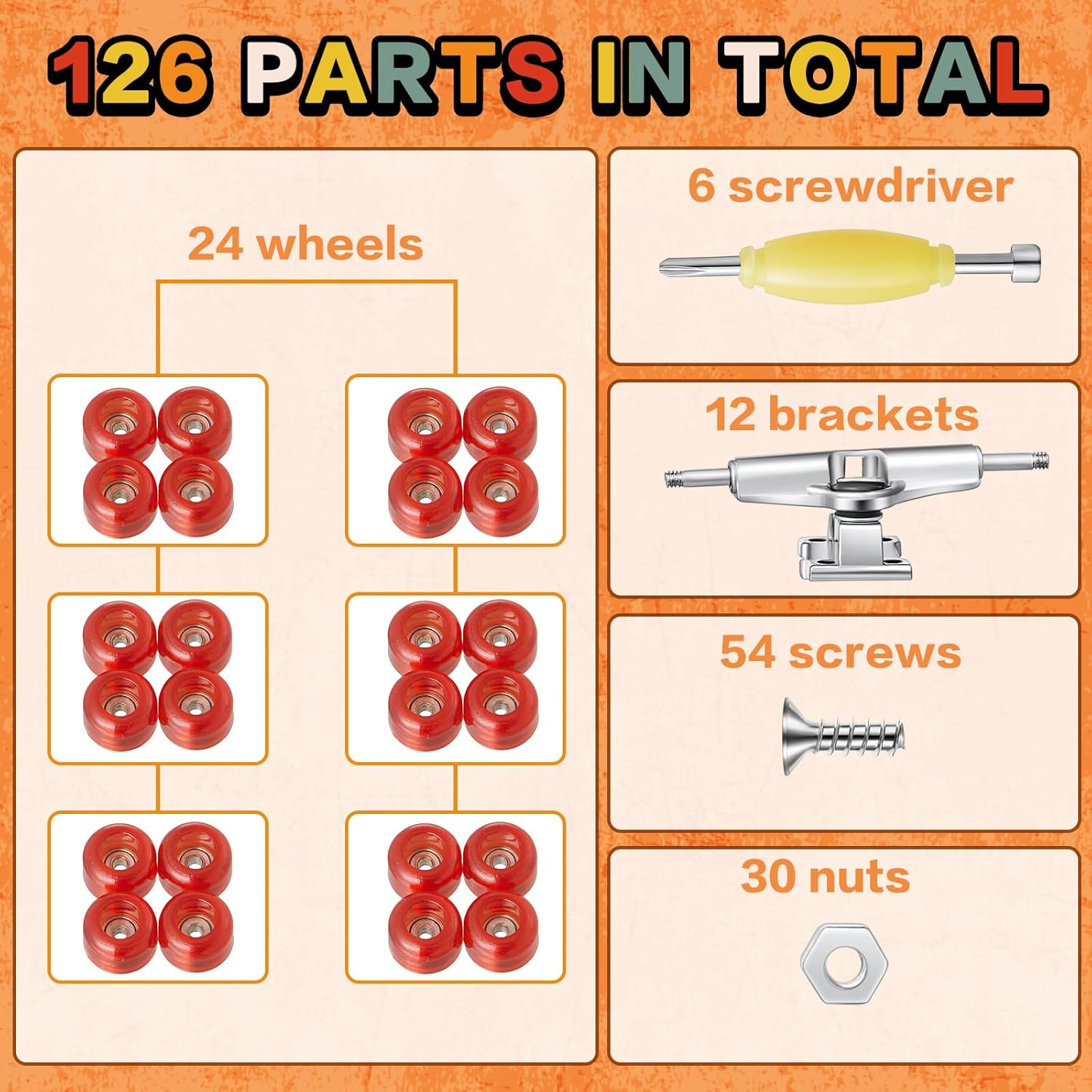 Jexine 6 Sets DIY Fingerboard Kit Fingerboard Accessories Mini Finger Skateboard Parts Include 12 Brackets 54 Screws 30 Nuts 6 Screwdriver 24 Board Wheels Tool for 96Mm(Red) image number 3