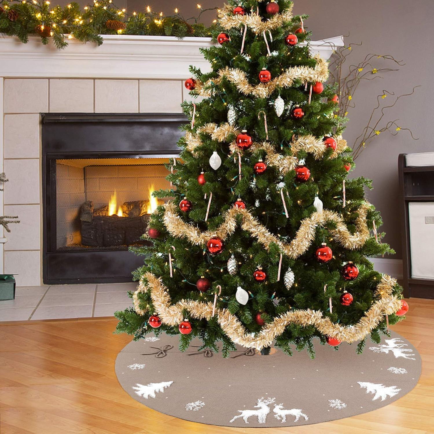 Dremisland Christmas Tree Skirt, Cable Knit Knitted Thick Rustic Tree Skirt for Xmas Holiday Decoration- 3D Elk and Christmas Tree (36Inch/90Cm, Beige) image number 6