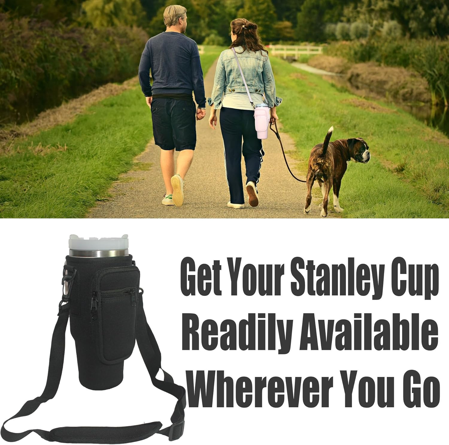 Water Cup Holder Bag for 40Oz Stanley Quencher H2.0 & Adventure Tumbler, Made of Neoprene Durable Fabric with Adjustable Shoulder Strap and Come with One Straw Cover (Black) image number 1
