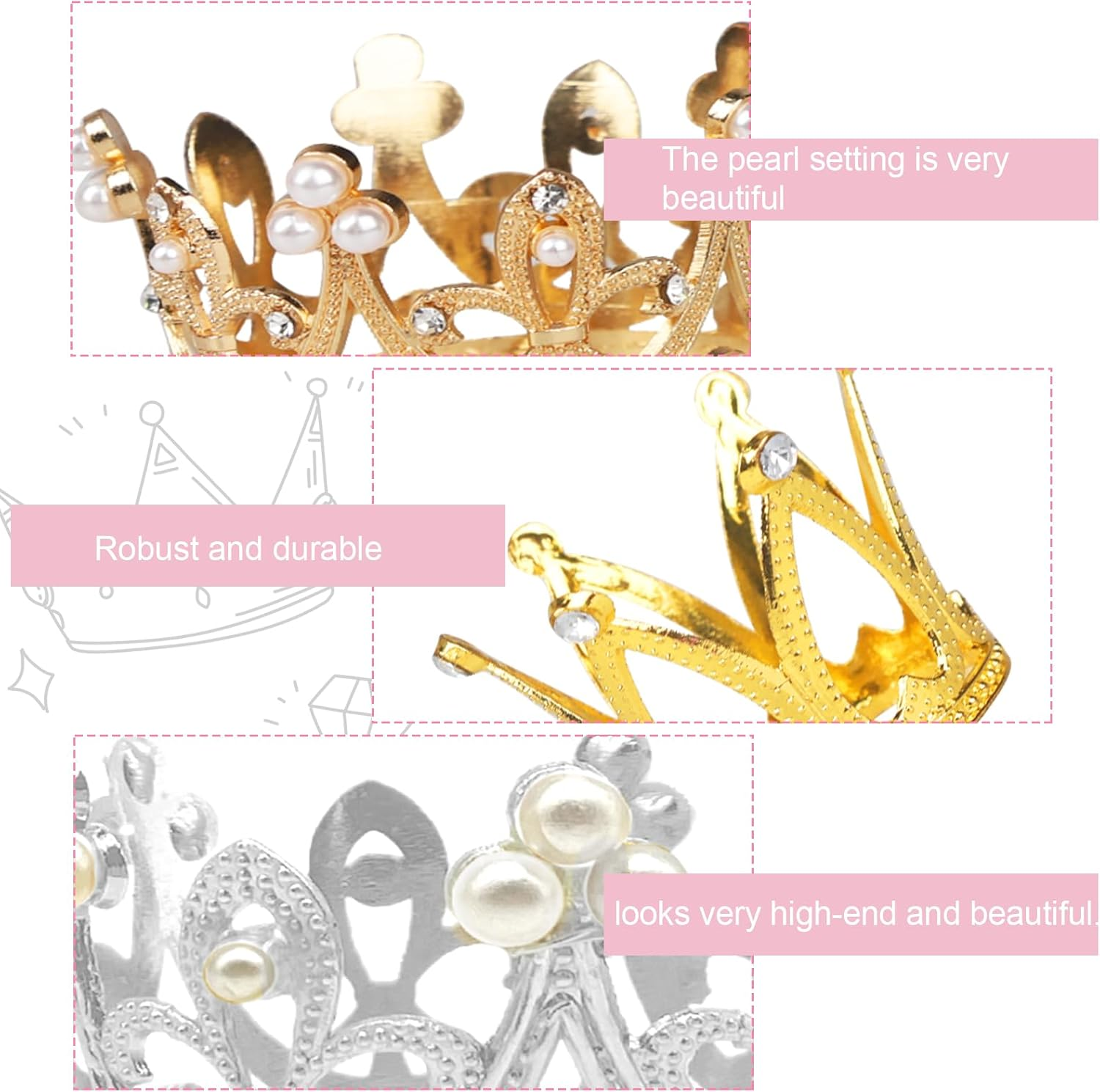 BLMHTWO 4 Pcs Gold Silver Crown Cake Topper - Small Queen Mini Tiara Princess Headpiece for Women Lady Girl Bridal Wedding Royal Themed Decor Birthday Party image number 3