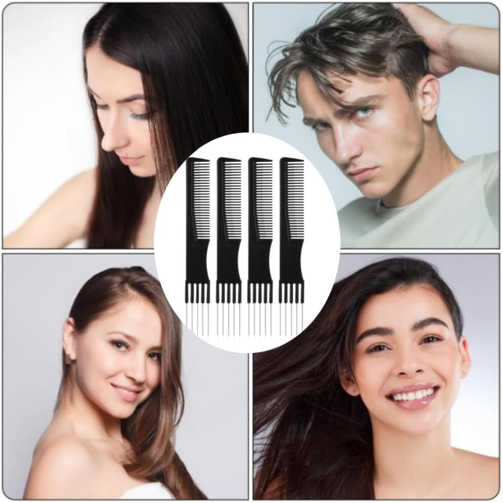 Carbon Lift Teasing Combs with Metal Prong,4Pcs Hair Styling Comb Lift Teasing Comb Salon Teasing Back Combs with Stainless Steel Lift,Carbon Lift Teasing Combs with Metal Prong(Black) image number 3