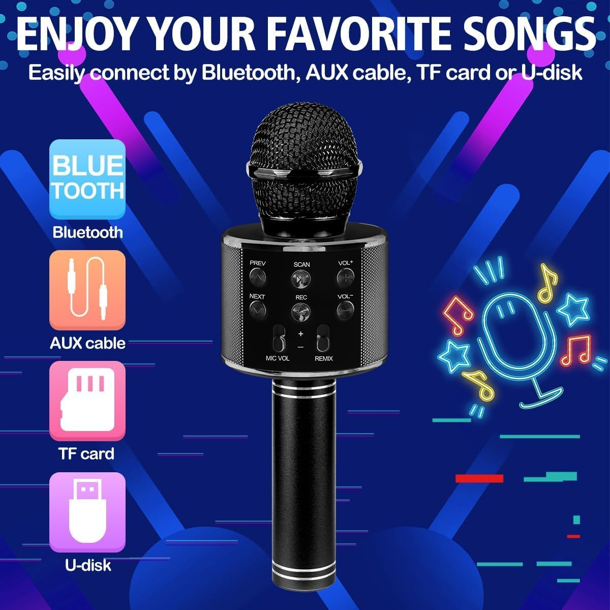 Wireless Bluetooth Karaoke Microphone for Kids, 5-In-1 Portable Handheld Karaoke Mic Speaker Player Recorder with Adjustable Remix FM Radio for Kids Girls Boys (With 32G TF Card,Black) image number 2