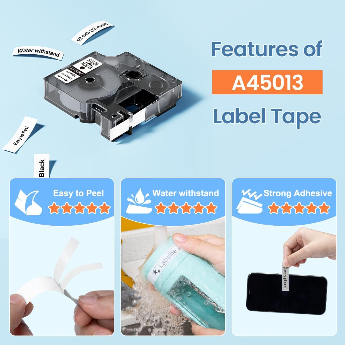 Replace for DYMO D1 Label Tape 45013 1/2 Inch X 23Ft Black on White A45013 45013S S0720530 Refills Compatible with Dymo Labelmanager 160 LM 280 210D 360D 420P Label Maker, 5-Pack image number 3