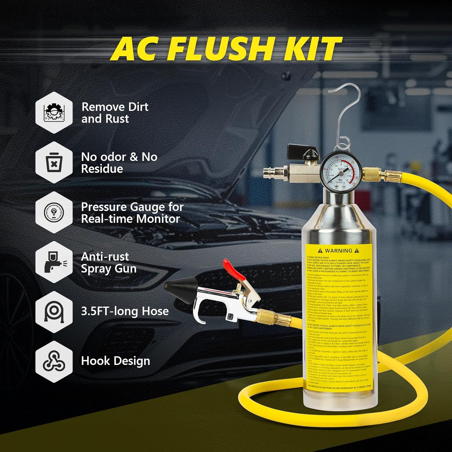 Car AC Flush Kit Car Air Conditioning Pipe Cleaning Kit with 220 PSI Pressure Gauge and Hose Flush Canister Kit for Air Conditioning Lines Fuel Lines Condenser Evaporator image number 6
