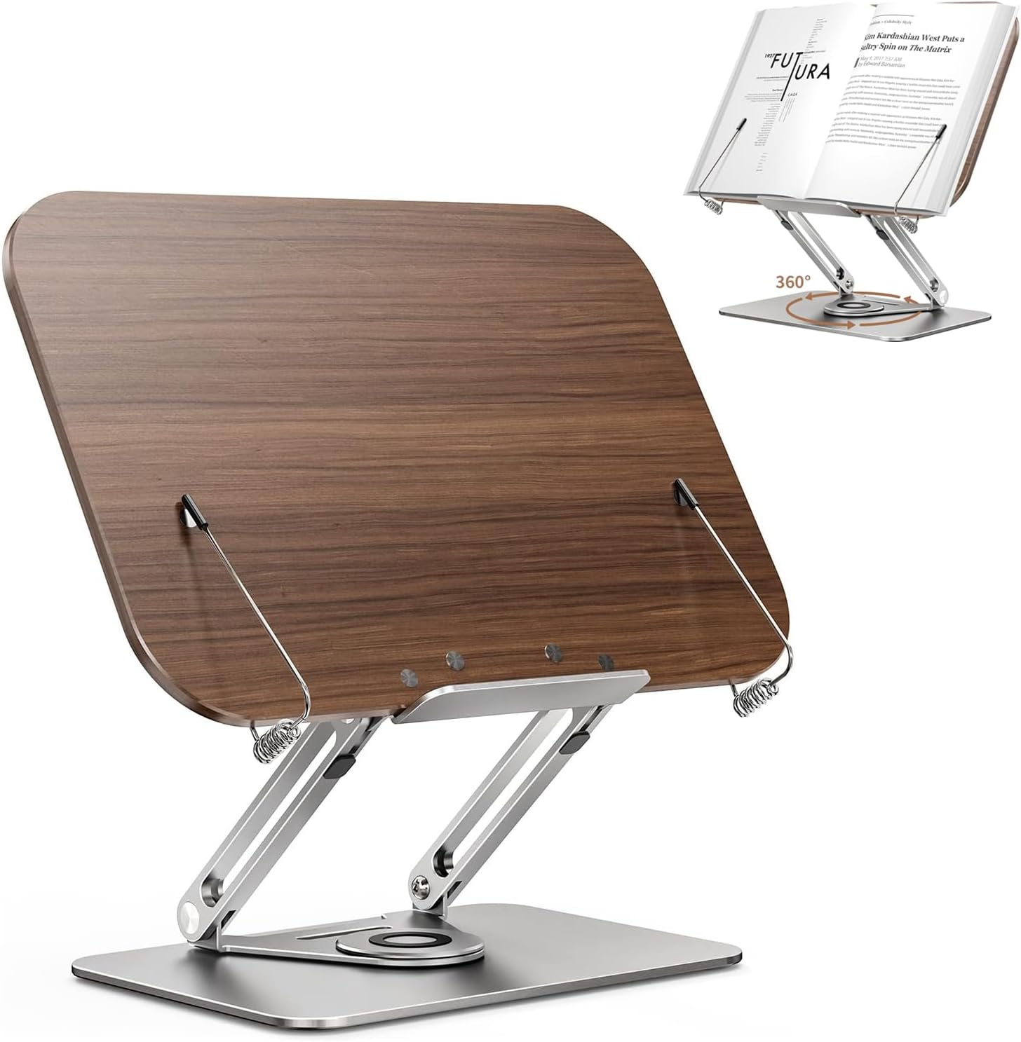 Desktop Book Stand for Reading Adjustable Book Holder with 360&deg; Rotating Base & Page Clips, Foldable Desktop Ricer for Cookbook,Sheet Music,Laptop,Recipe,Textbook,Hands Free,Aluminium image number 4