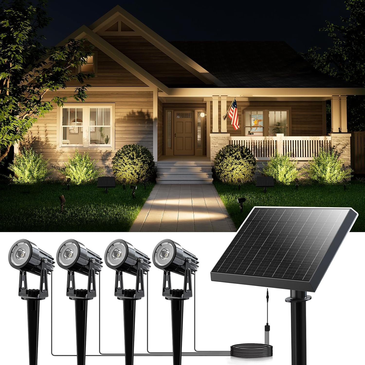 Warm White Solar Powered Lights Outdoor Waterproof LED Landscape Lights for outside Trees, Flag, Lawn, Pool, Yard, Garden, Path, Backyard with Glass Solar Panel and Adjustable Mount (4-In-1)