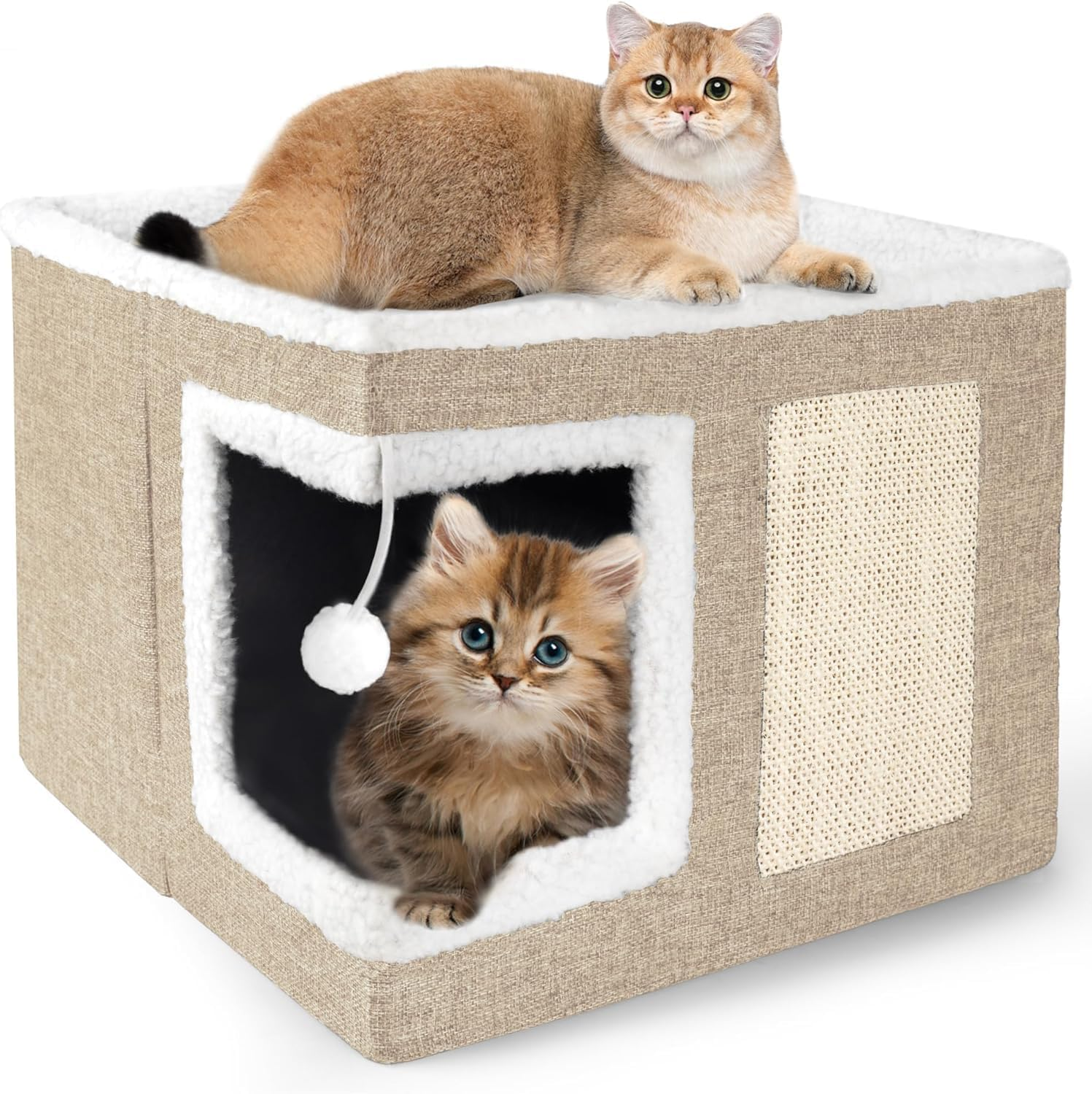 Cat Houses for Indoor Cats - Large Cat Bed Cave with Scratching Pad and Fluffy Ball, Foldable Cat Condo Hideaway with Reversible Cushion for Multiple Small Pets, Khaki image number 1